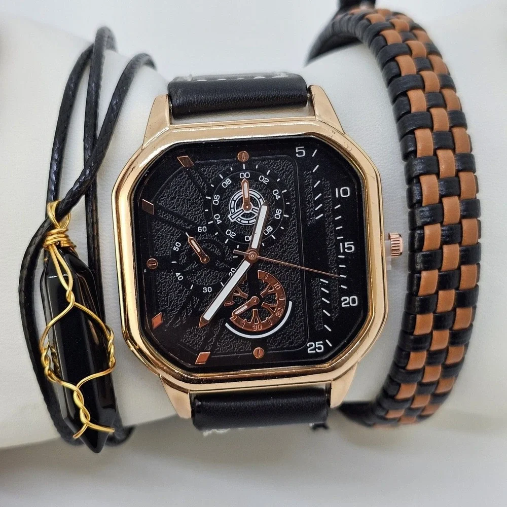 3PC‎ Men's Gift Set Fashion Watch Set Luxury Leather Bracelet and Necklace